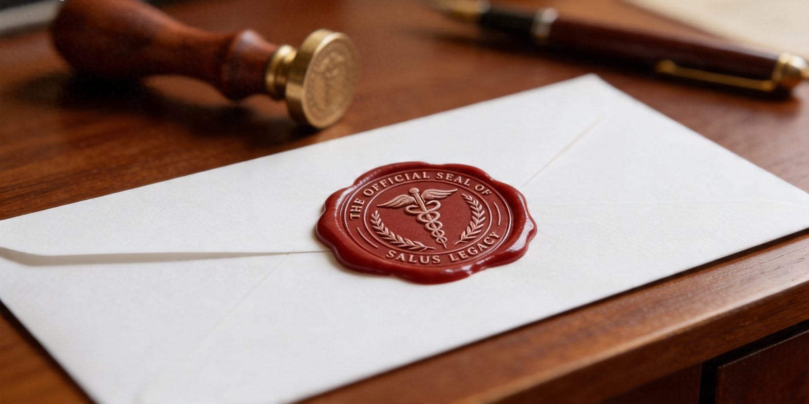 A wax-sealed envelope bearing the Salus Legacy seal