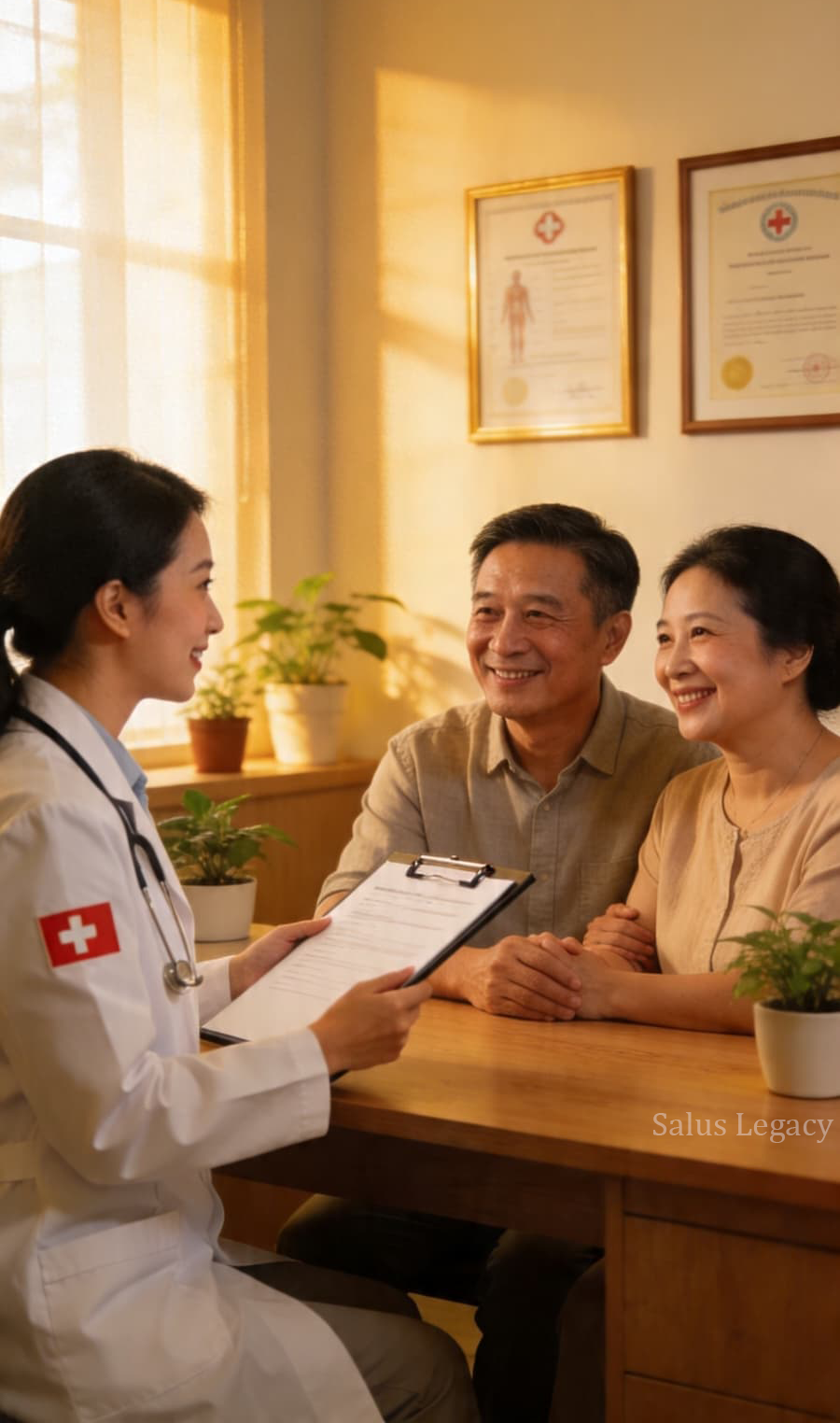 A Salus Legacy doctor consulting with a senior couple